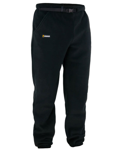 Swazi Bush Pants in black, made from warm fleece with an adjustable waist belt and elasticated cuffs, ideal for outdoor use.