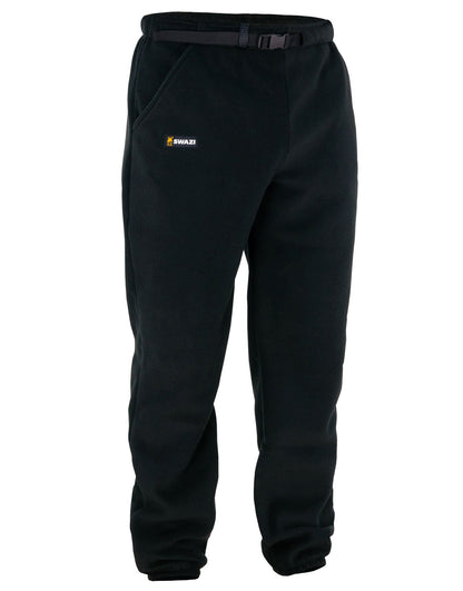 Swazi Bush Pants in black, made from warm fleece with an adjustable waist belt and elasticated cuffs, ideal for outdoor use.